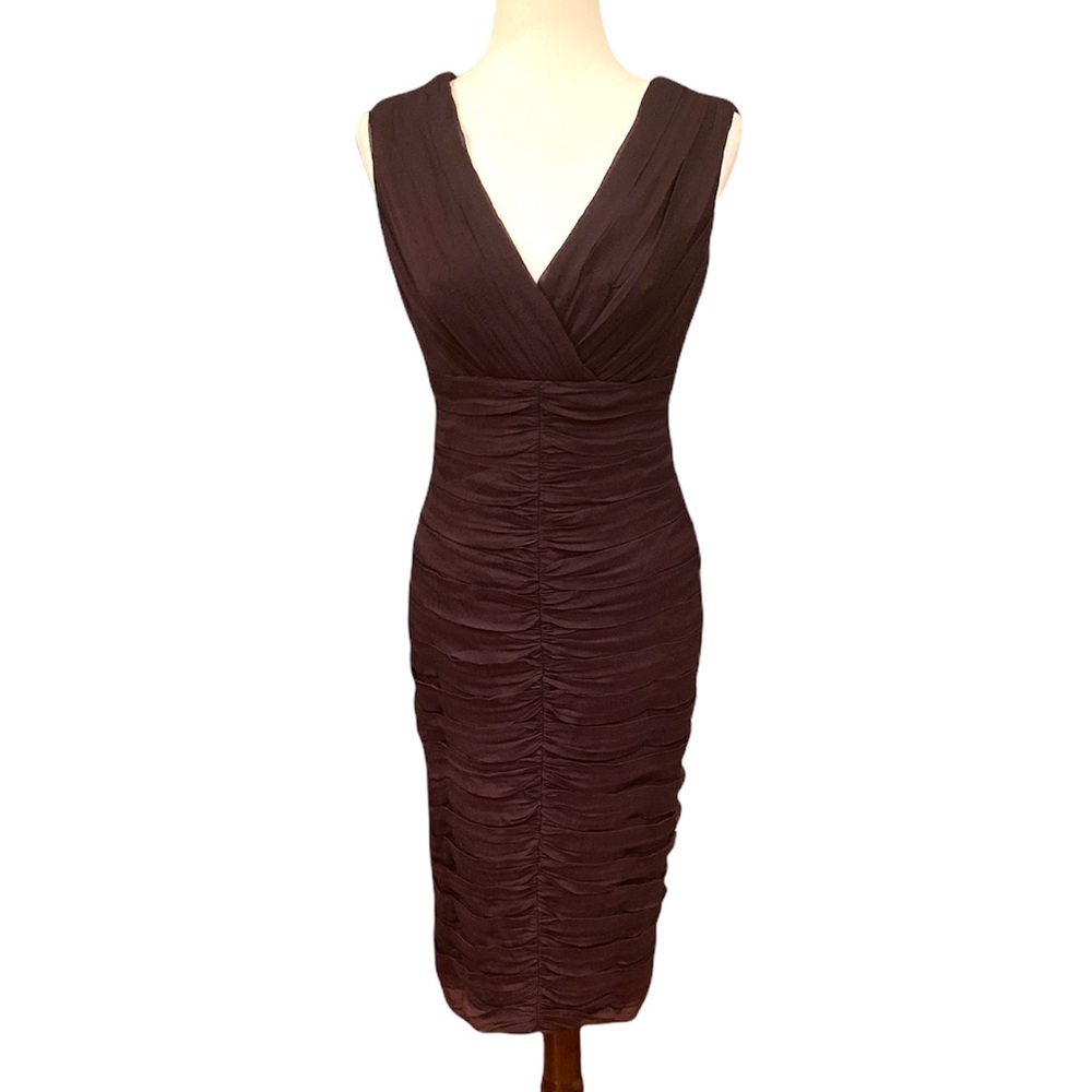 Tadashi Shoji Silk Chiffon Brown Ruched Vintage Sheath Slip Column Dress - 8
